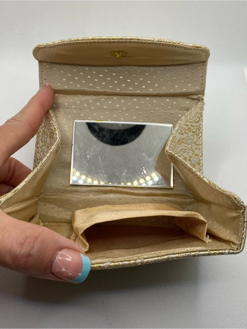 Vintage Gold Brocade Vanity Purse Evening Bag Built In Mirror Mid Century